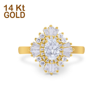14K Yellow Gold Vintage Oval Halo Bridal Wedding Engagement Ring Simulated CZ
